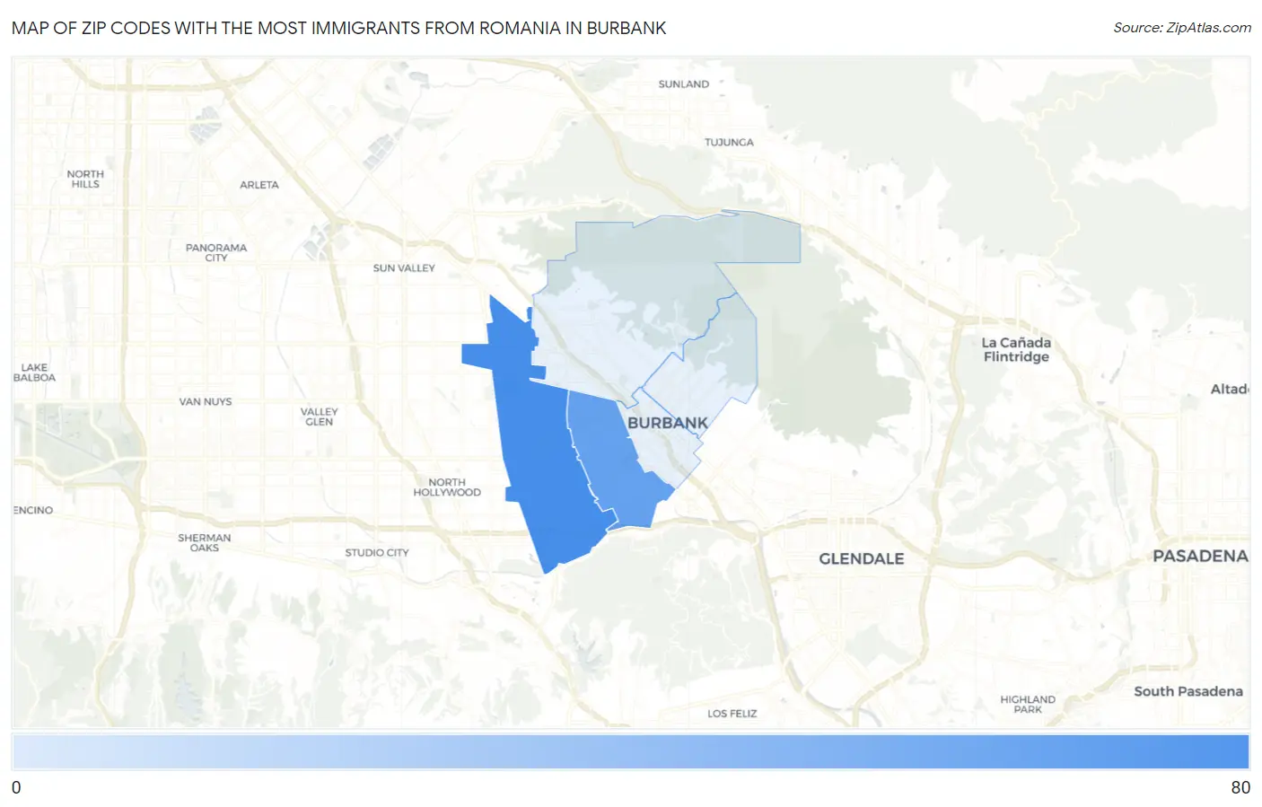Zip Codes with the Most Immigrants from Romania in Burbank Map