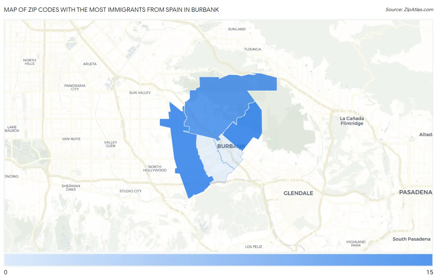 Zip Codes with the Most Immigrants from Spain in Burbank Map