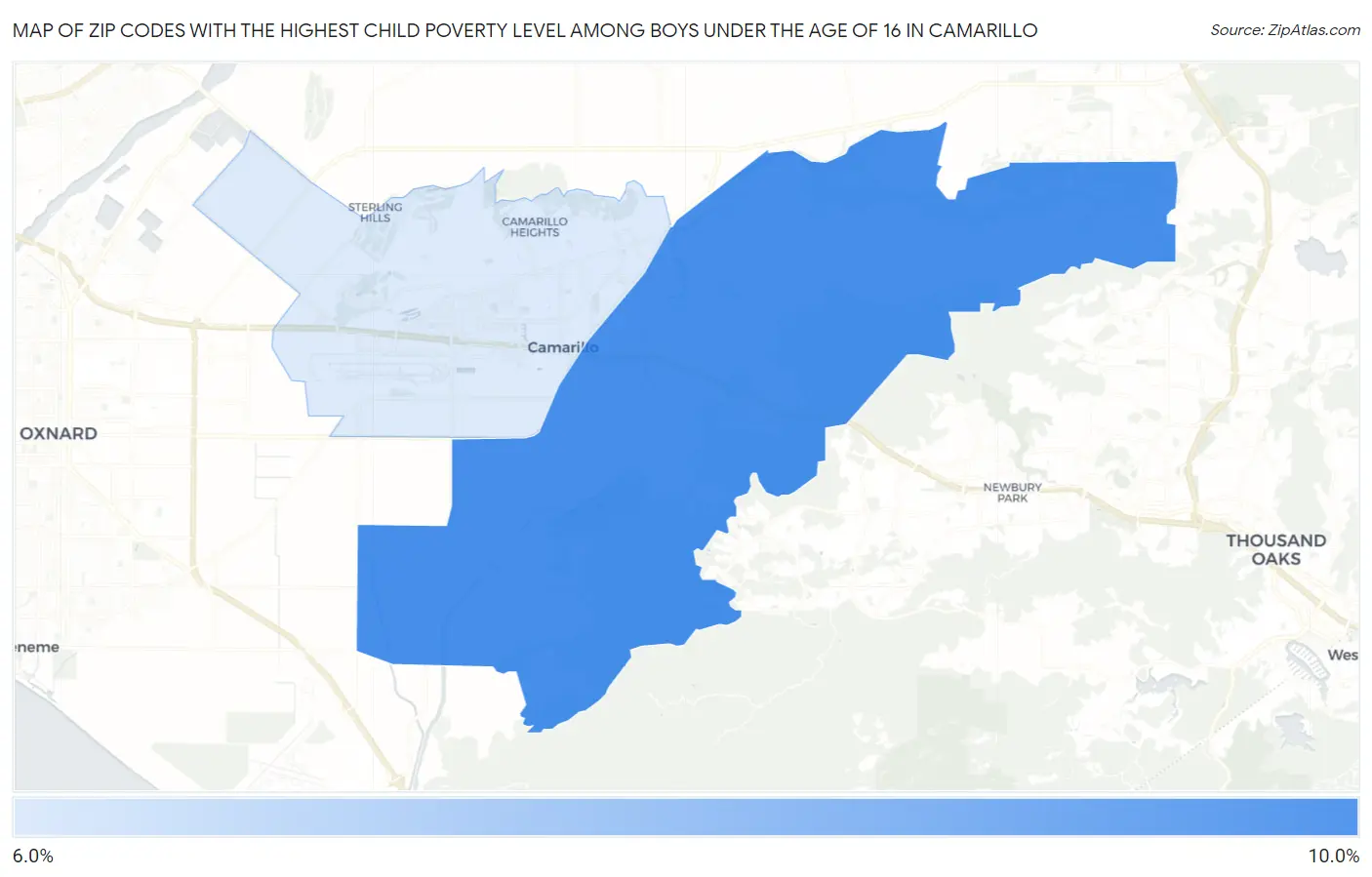 Zip Codes with the Highest Child Poverty Level Among Boys Under the Age of 16 in Camarillo Map