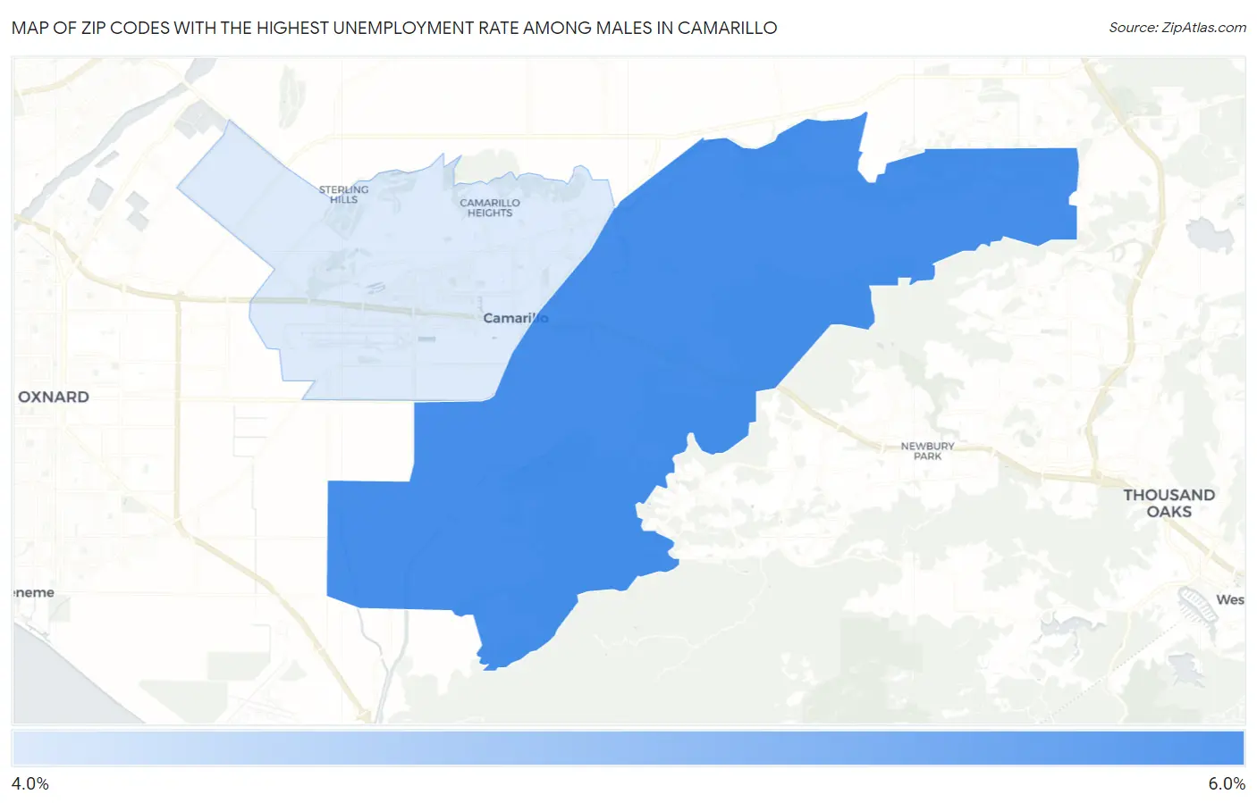 Zip Codes with the Highest Unemployment Rate Among Males in Camarillo Map