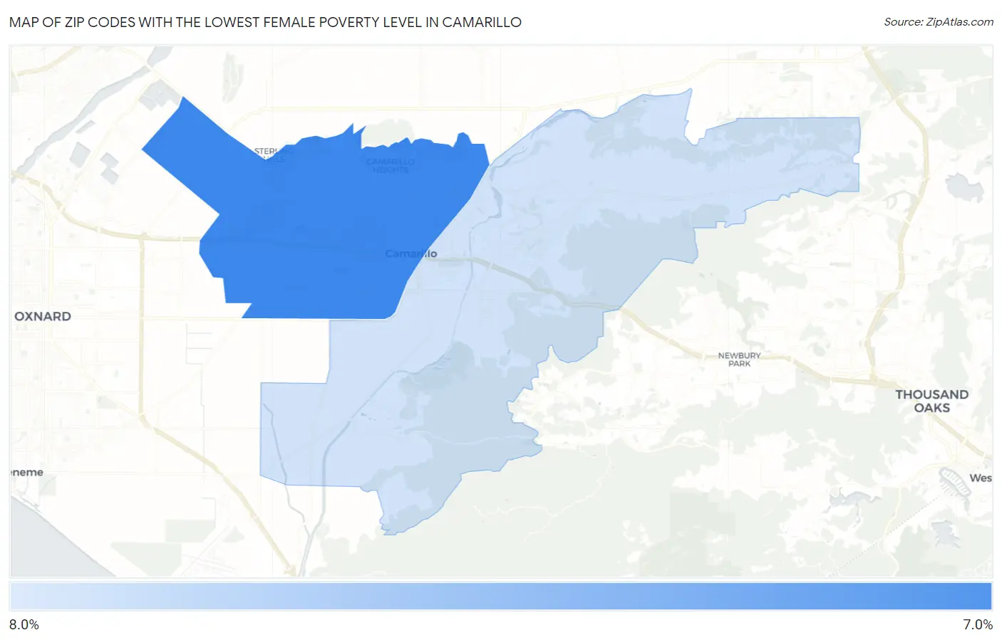 Zip Codes with the Lowest Female Poverty Level in Camarillo Map