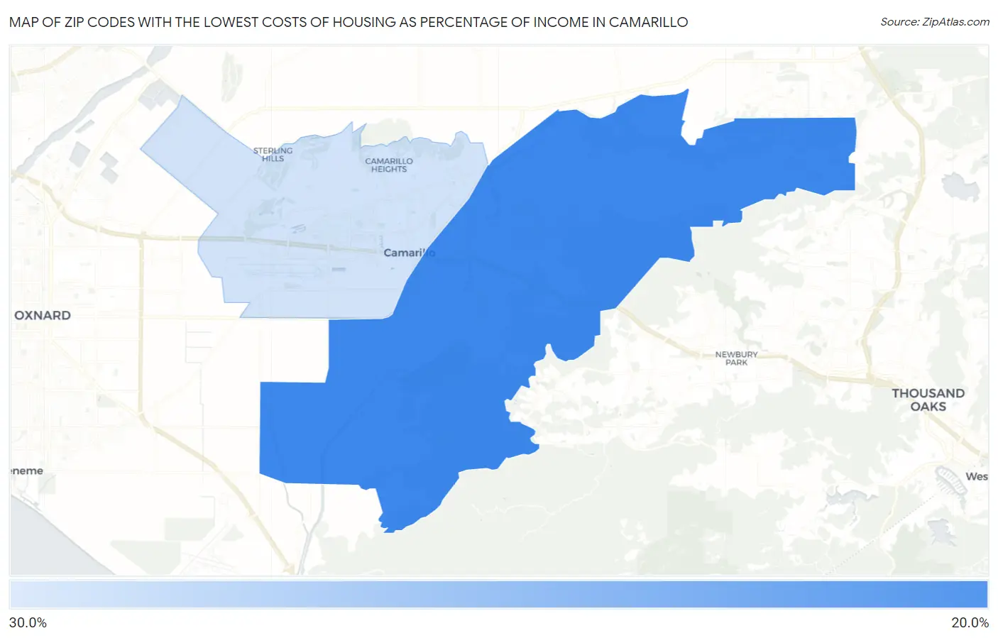 Zip Codes with the Lowest Costs of Housing as Percentage of Income in Camarillo Map