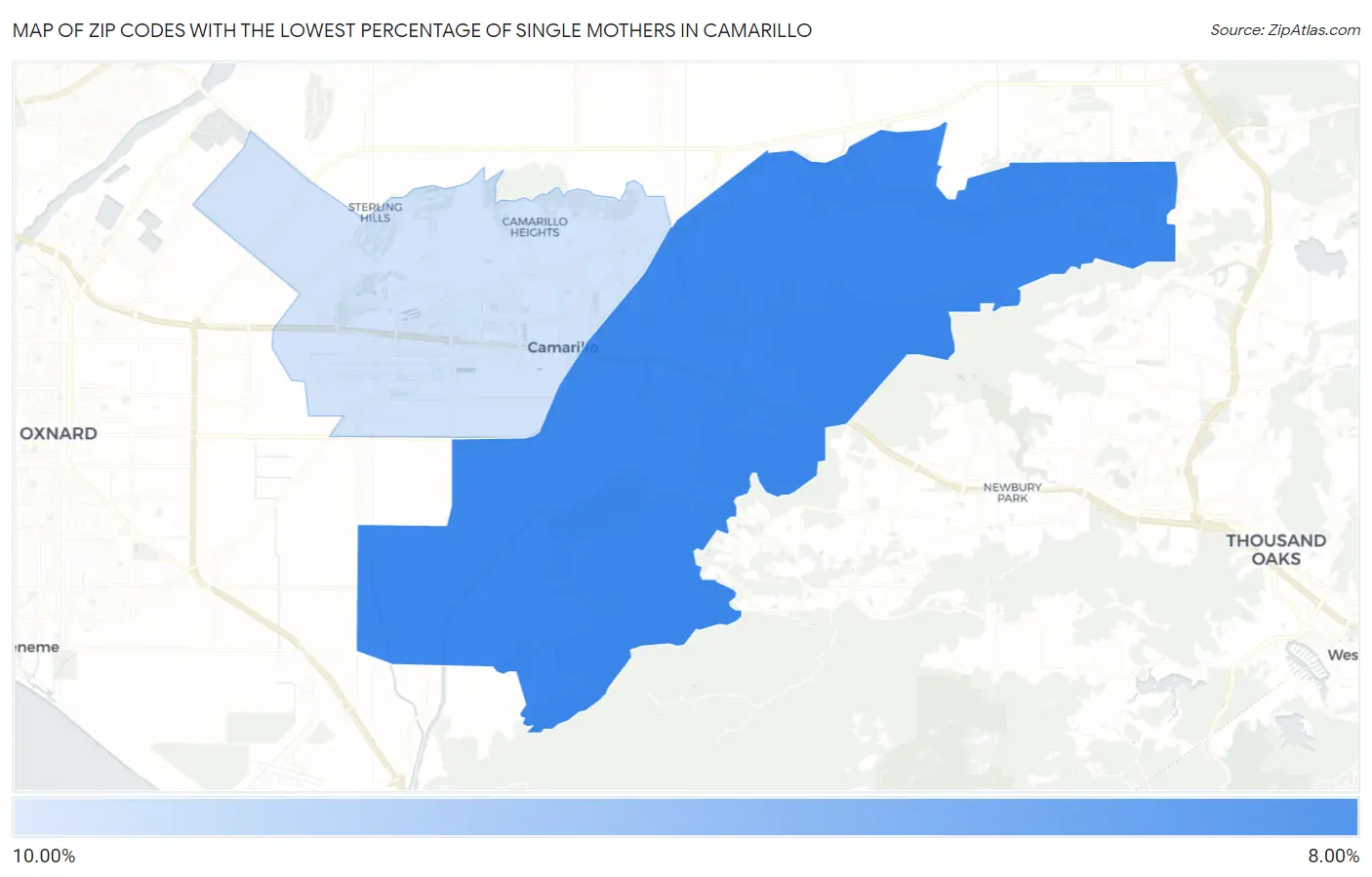 Zip Codes with the Lowest Percentage of Single Mothers in Camarillo Map