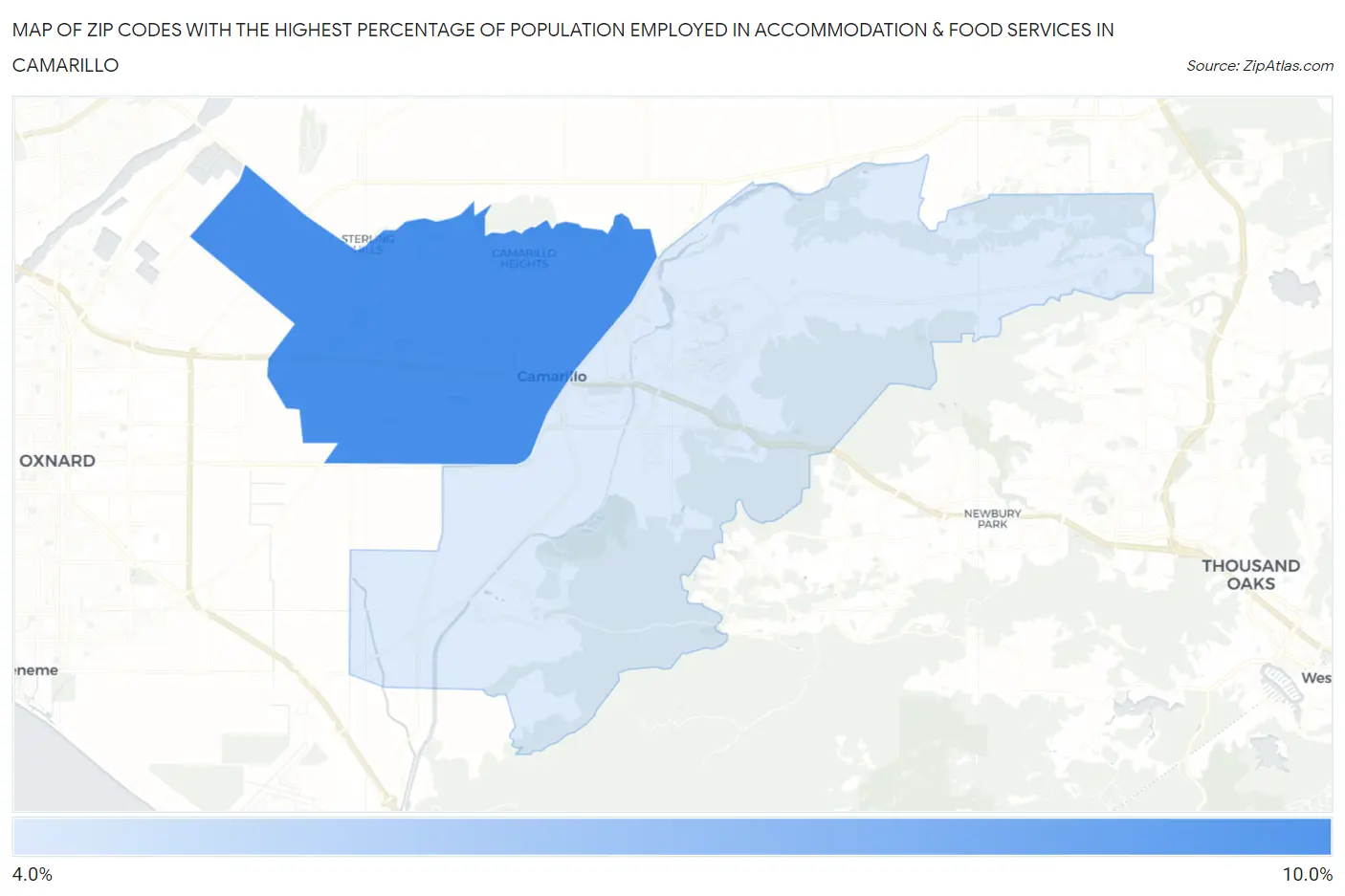 Zip Codes with the Highest Percentage of Population Employed in Accommodation & Food Services in Camarillo Map