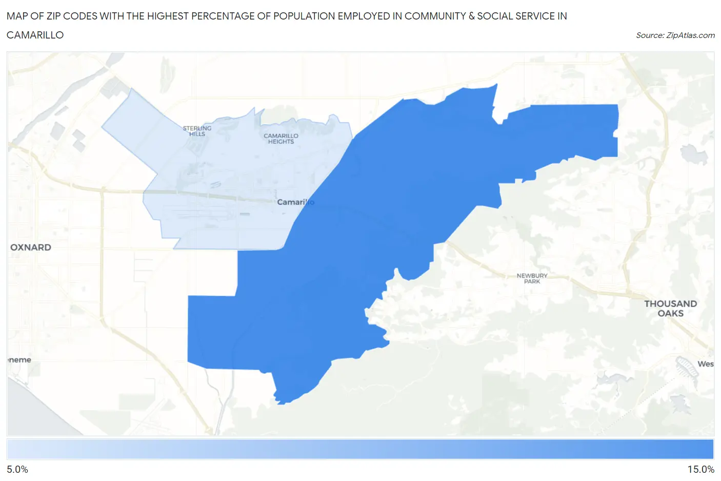 Zip Codes with the Highest Percentage of Population Employed in Community & Social Service  in Camarillo Map