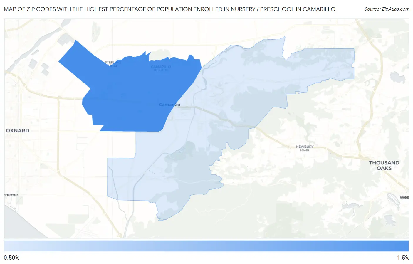 Zip Codes with the Highest Percentage of Population Enrolled in Nursery / Preschool in Camarillo Map