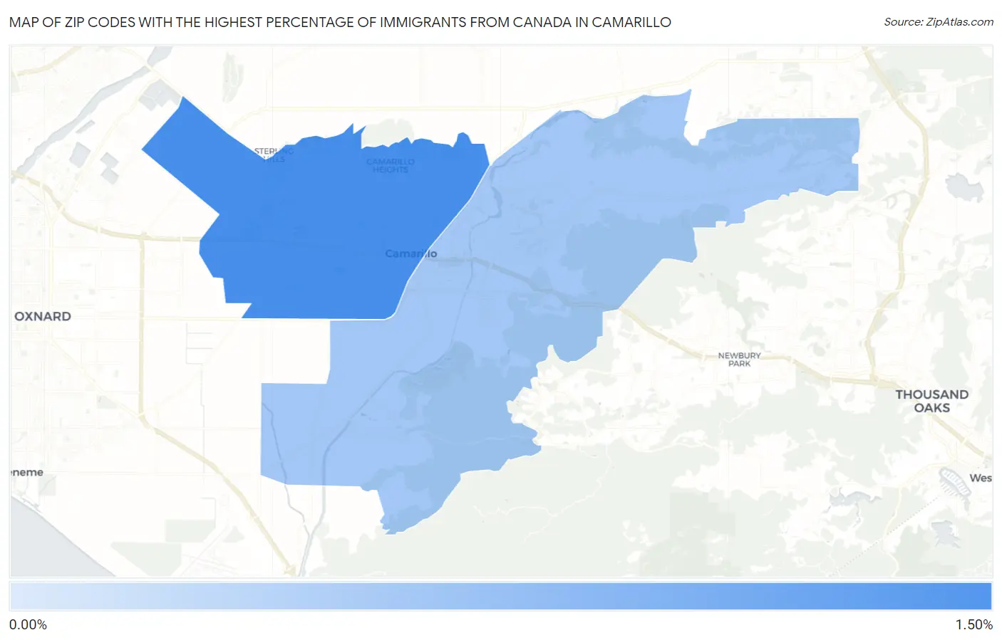 Zip Codes with the Highest Percentage of Immigrants from Canada in Camarillo Map