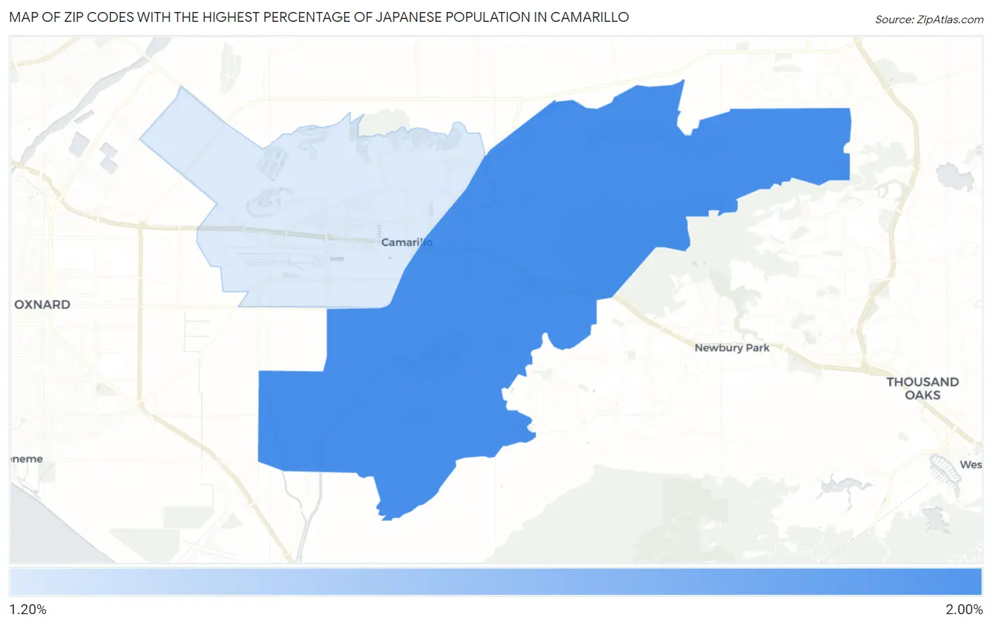 Zip Codes with the Highest Percentage of Japanese Population in Camarillo Map