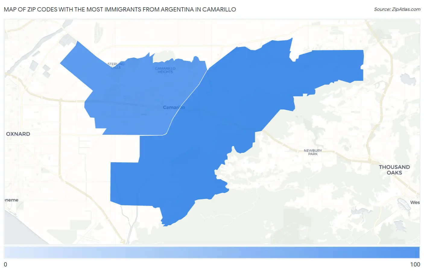 Zip Codes with the Most Immigrants from Argentina in Camarillo Map