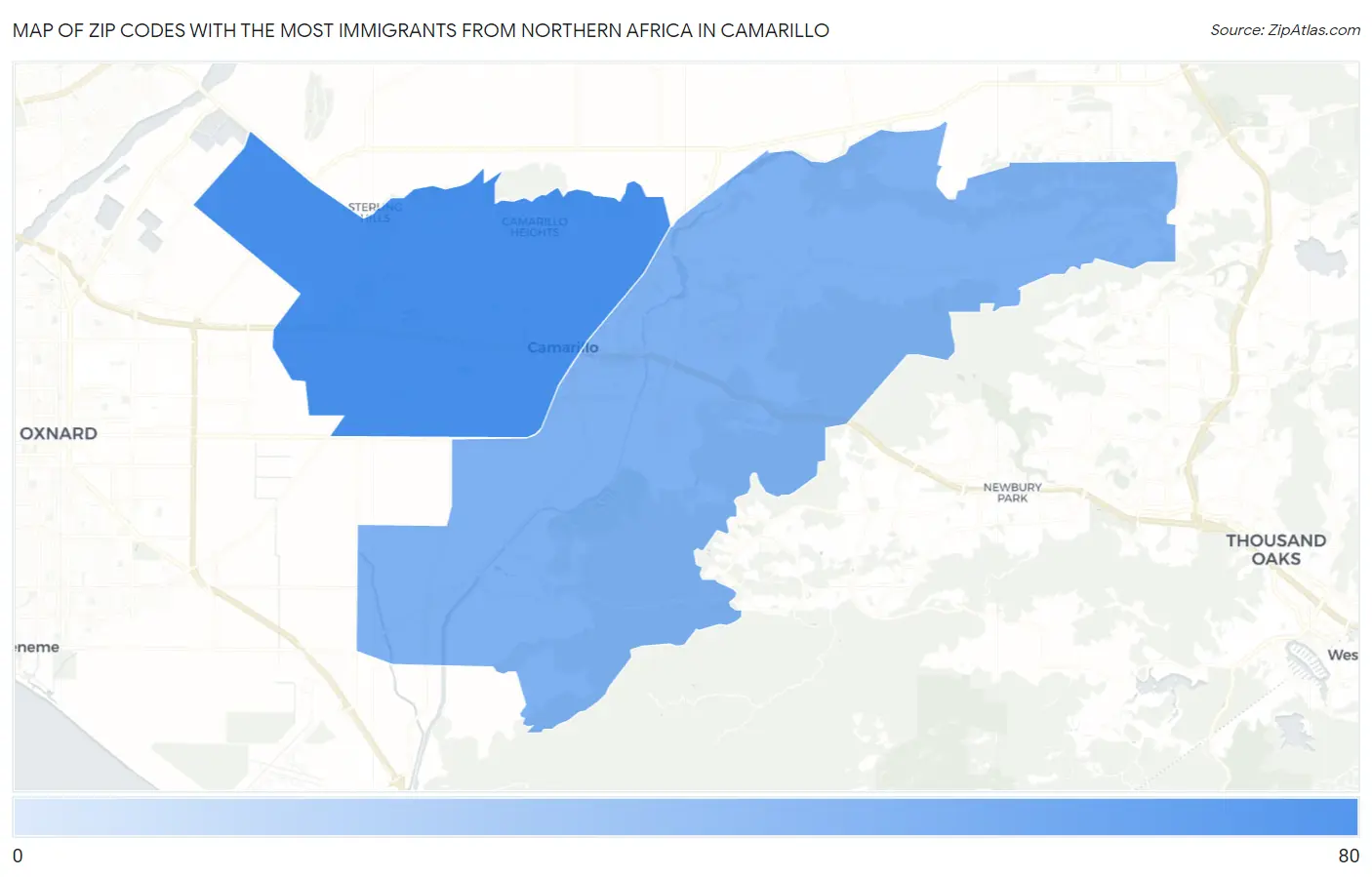Zip Codes with the Most Immigrants from Northern Africa in Camarillo Map