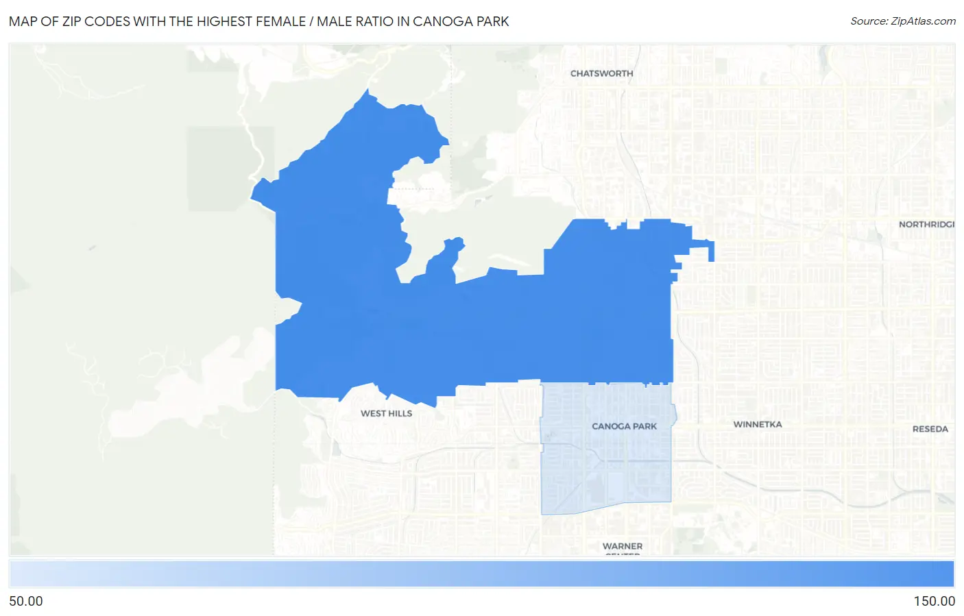 Zip Codes with the Highest Female / Male Ratio in Canoga Park Map