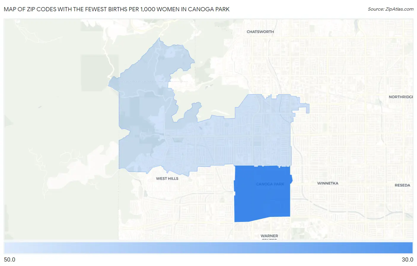 Zip Codes with the Fewest Births per 1,000 Women in Canoga Park Map
