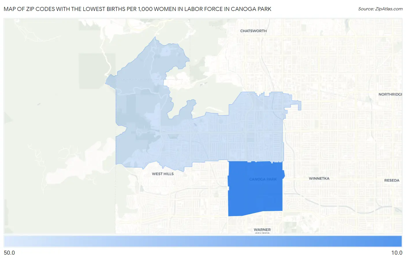 Zip Codes with the Lowest Births per 1,000 Women in Labor Force in Canoga Park Map
