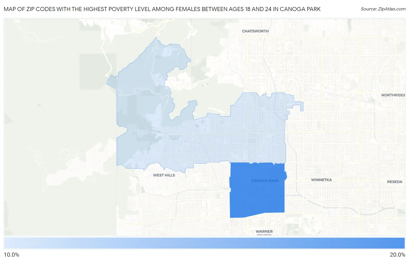 Zip Codes with the Highest Poverty Level Among Females Between Ages 18 and 24 in Canoga Park Map
