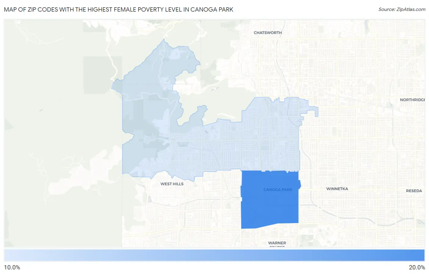 Zip Codes with the Highest Female Poverty Level in Canoga Park Map