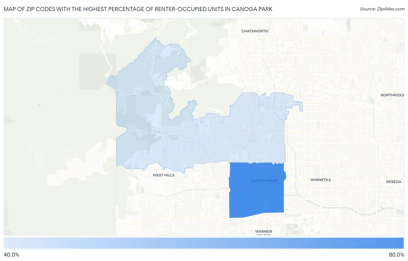 Zip Codes with the Highest Percentage of Renter-Occupied Units in Canoga Park Map