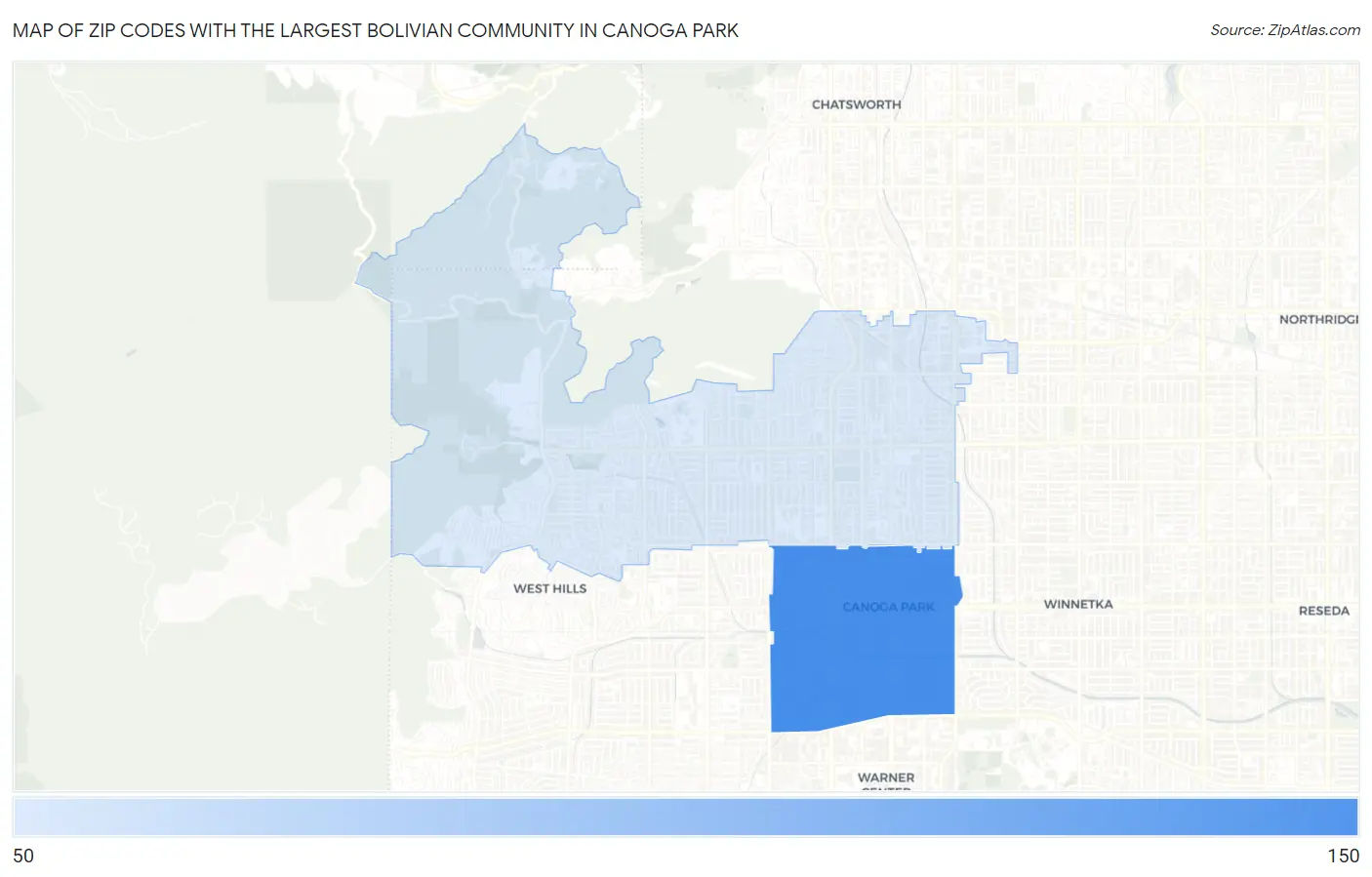 Zip Codes with the Largest Bolivian Community in Canoga Park Map