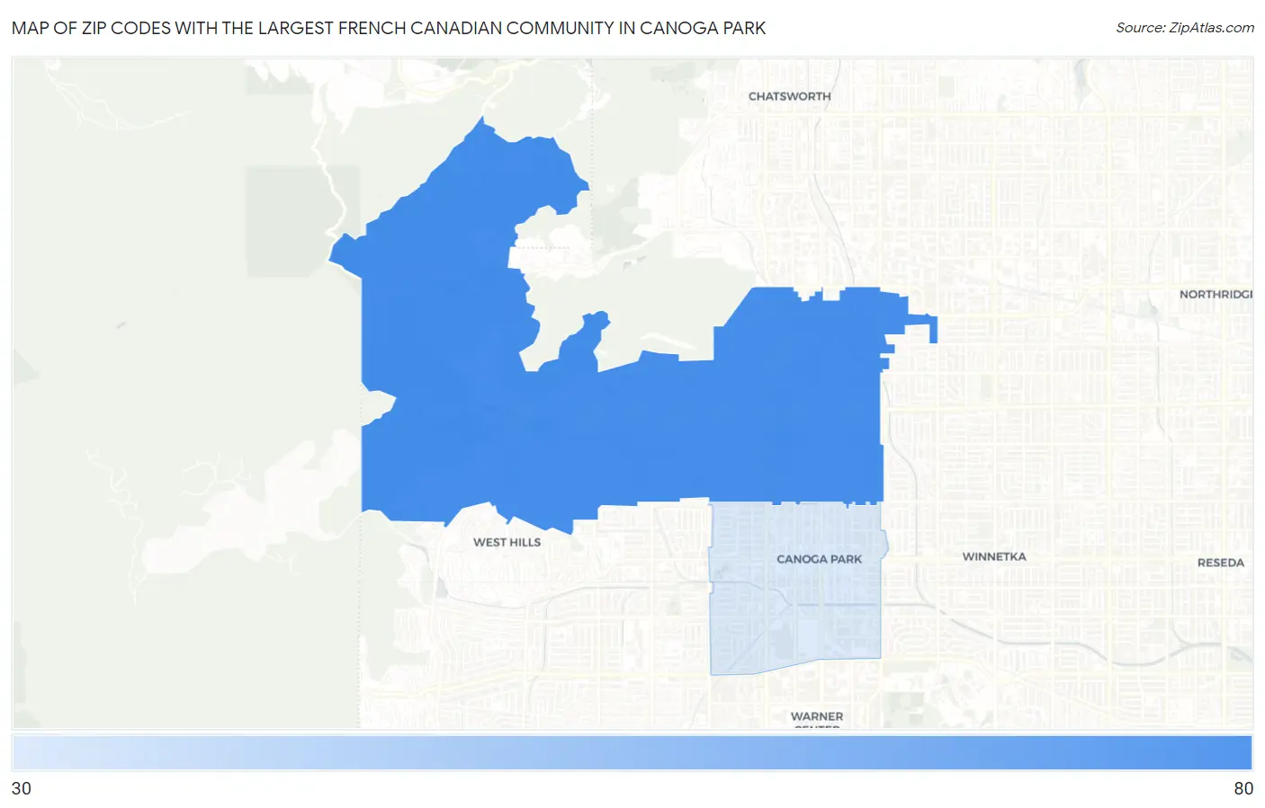 Zip Codes with the Largest French Canadian Community in Canoga Park Map