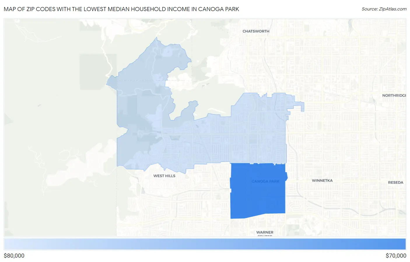 Zip Codes with the Lowest Median Household Income in Canoga Park Map