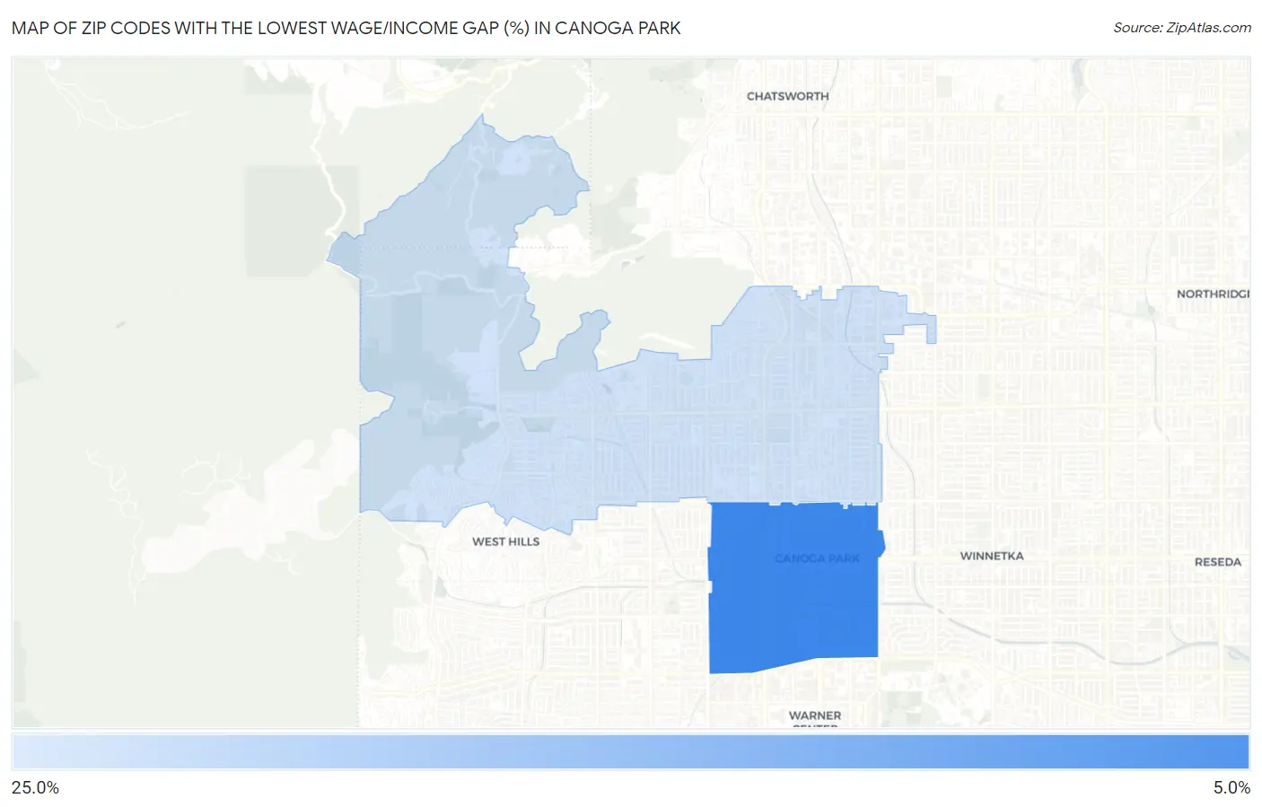 Zip Codes with the Lowest Wage/Income Gap (%) in Canoga Park Map