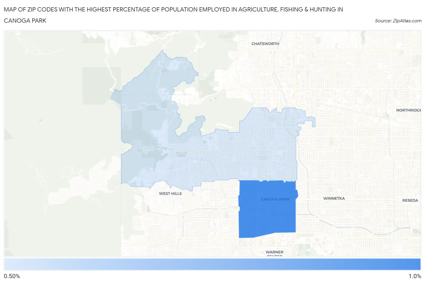 Zip Codes with the Highest Percentage of Population Employed in Agriculture, Fishing & Hunting in Canoga Park Map