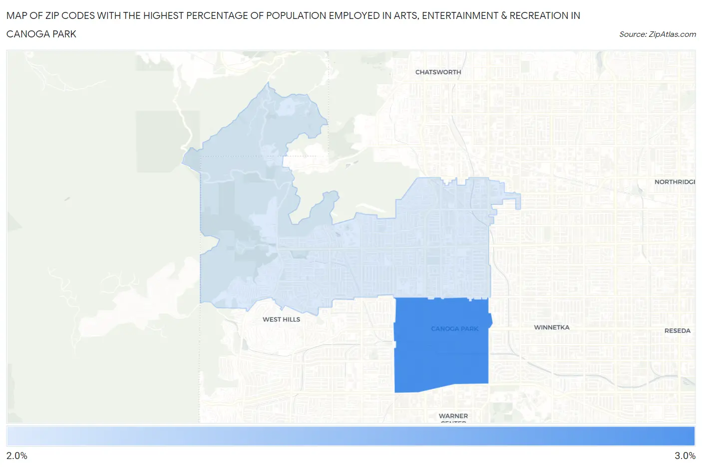 Zip Codes with the Highest Percentage of Population Employed in Arts, Entertainment & Recreation in Canoga Park Map