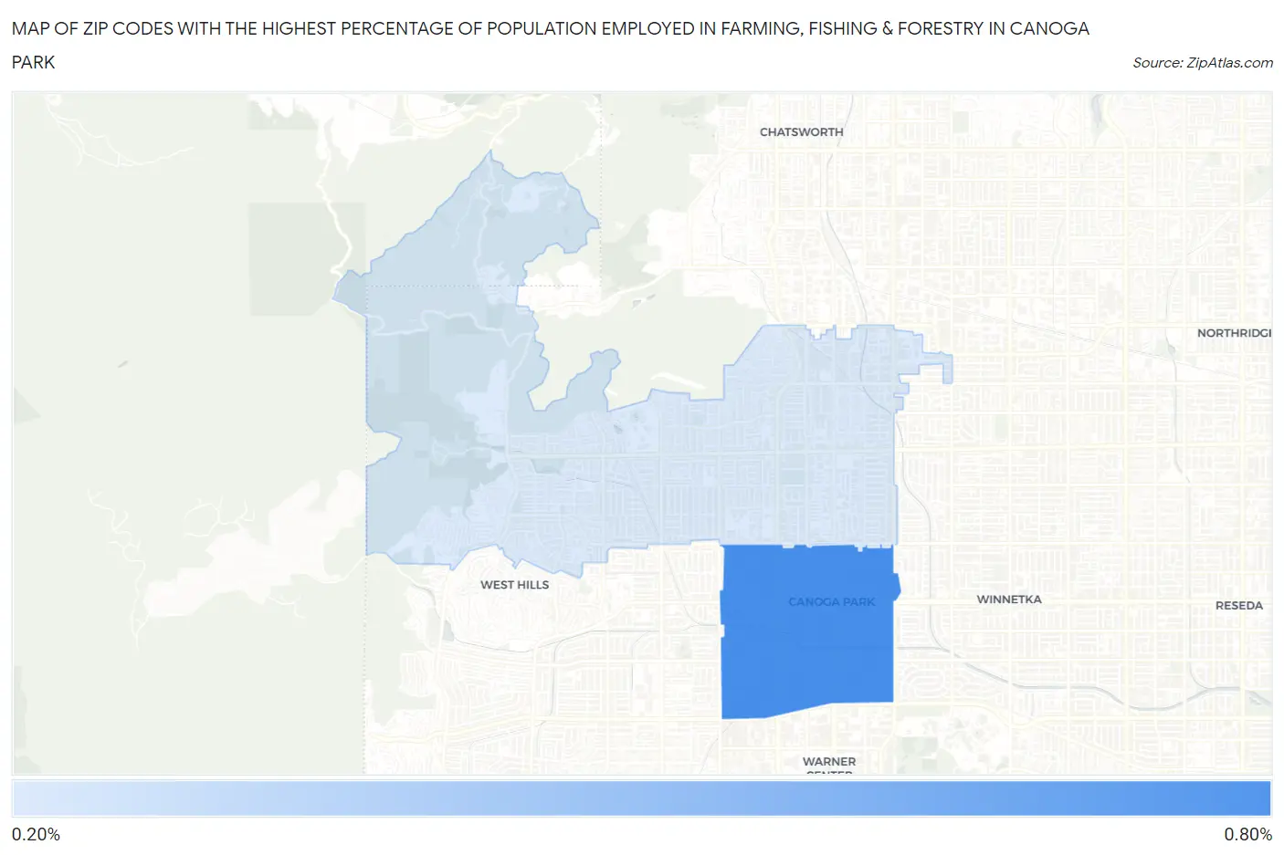 Zip Codes with the Highest Percentage of Population Employed in Farming, Fishing & Forestry in Canoga Park Map