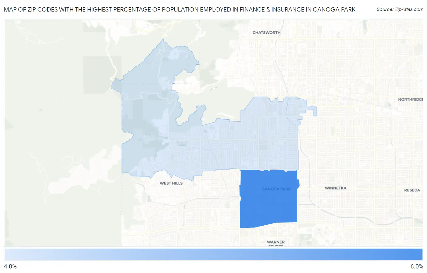 Zip Codes with the Highest Percentage of Population Employed in Finance & Insurance in Canoga Park Map