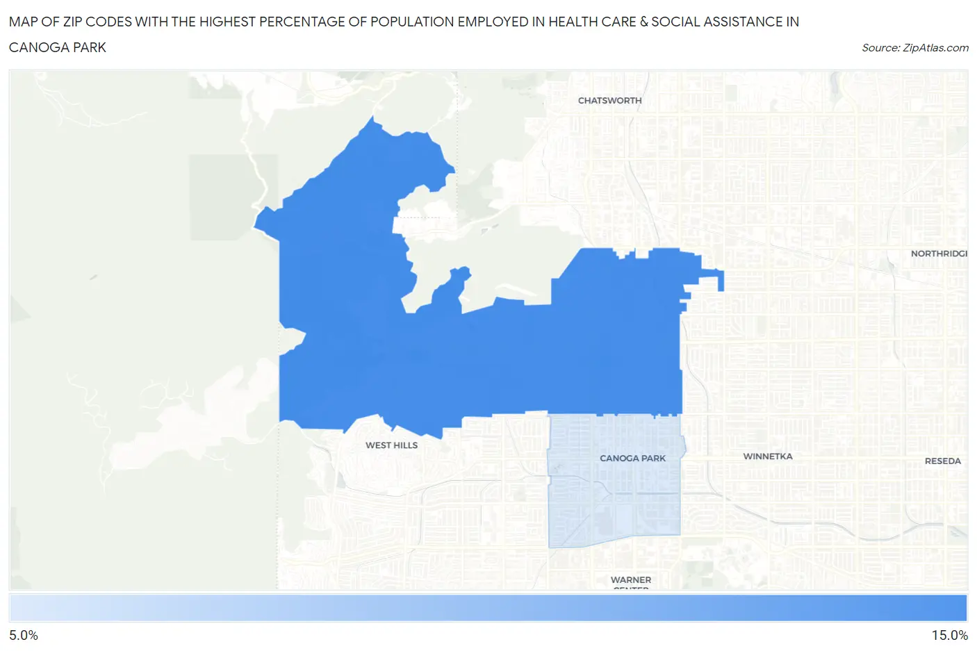 Zip Codes with the Highest Percentage of Population Employed in Health Care & Social Assistance in Canoga Park Map