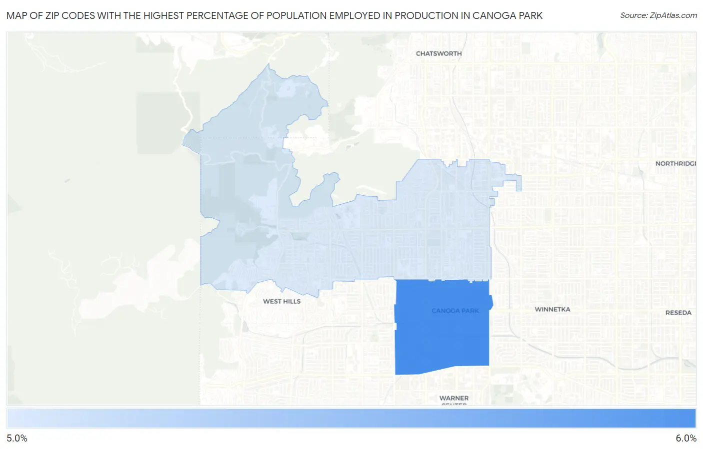 Zip Codes with the Highest Percentage of Population Employed in Production in Canoga Park Map