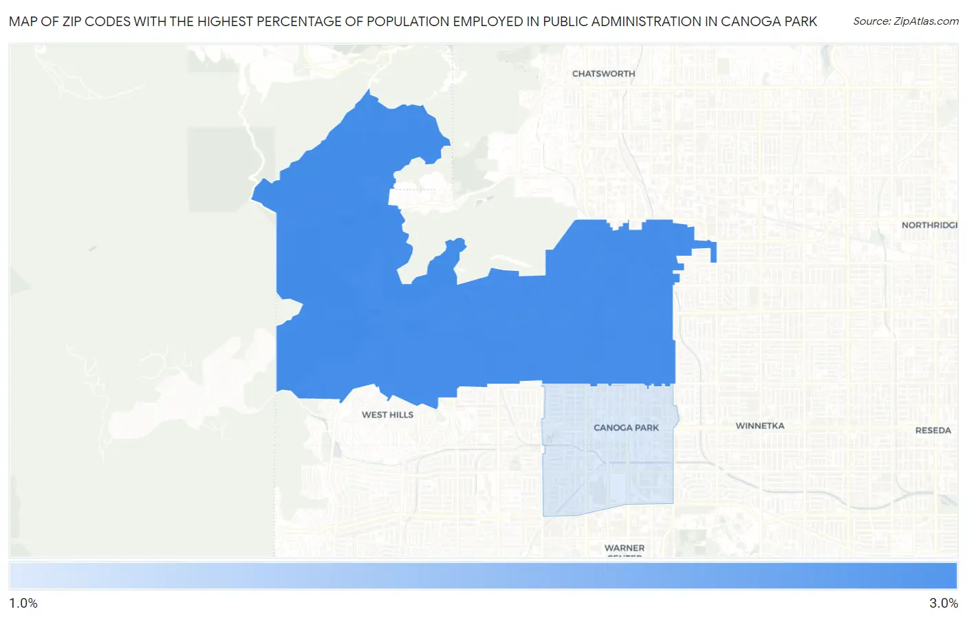 Zip Codes with the Highest Percentage of Population Employed in Public Administration in Canoga Park Map