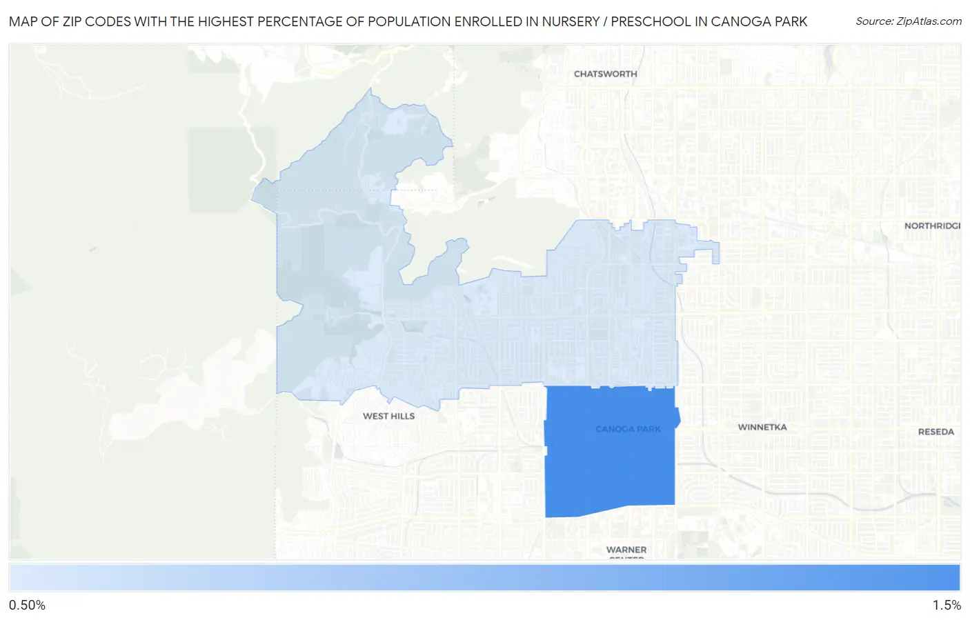 Zip Codes with the Highest Percentage of Population Enrolled in Nursery / Preschool in Canoga Park Map