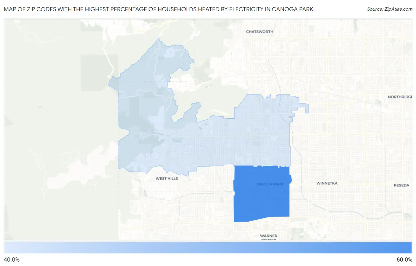 Zip Codes with the Highest Percentage of Households Heated by Electricity in Canoga Park Map