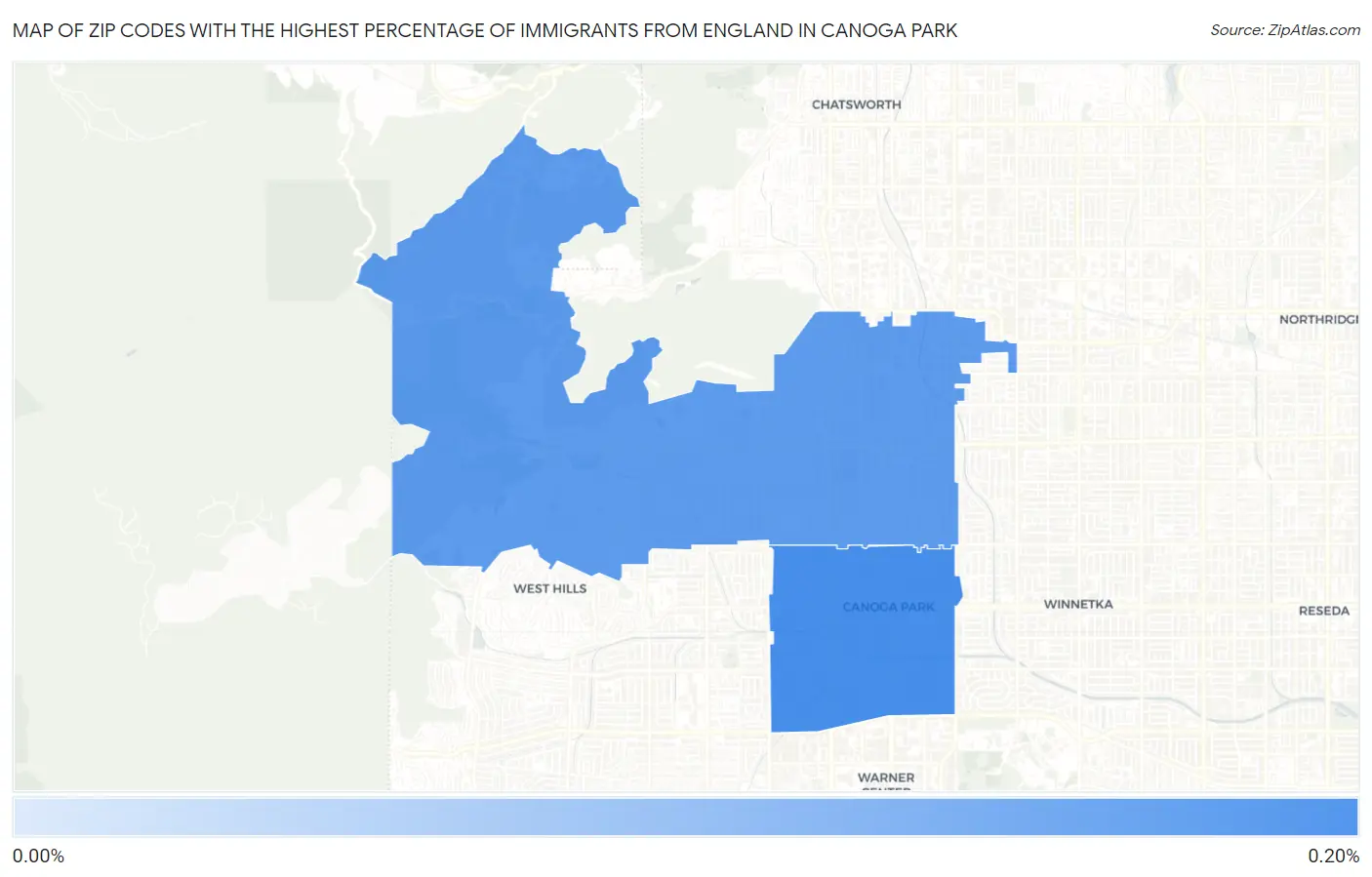Zip Codes with the Highest Percentage of Immigrants from England in Canoga Park Map
