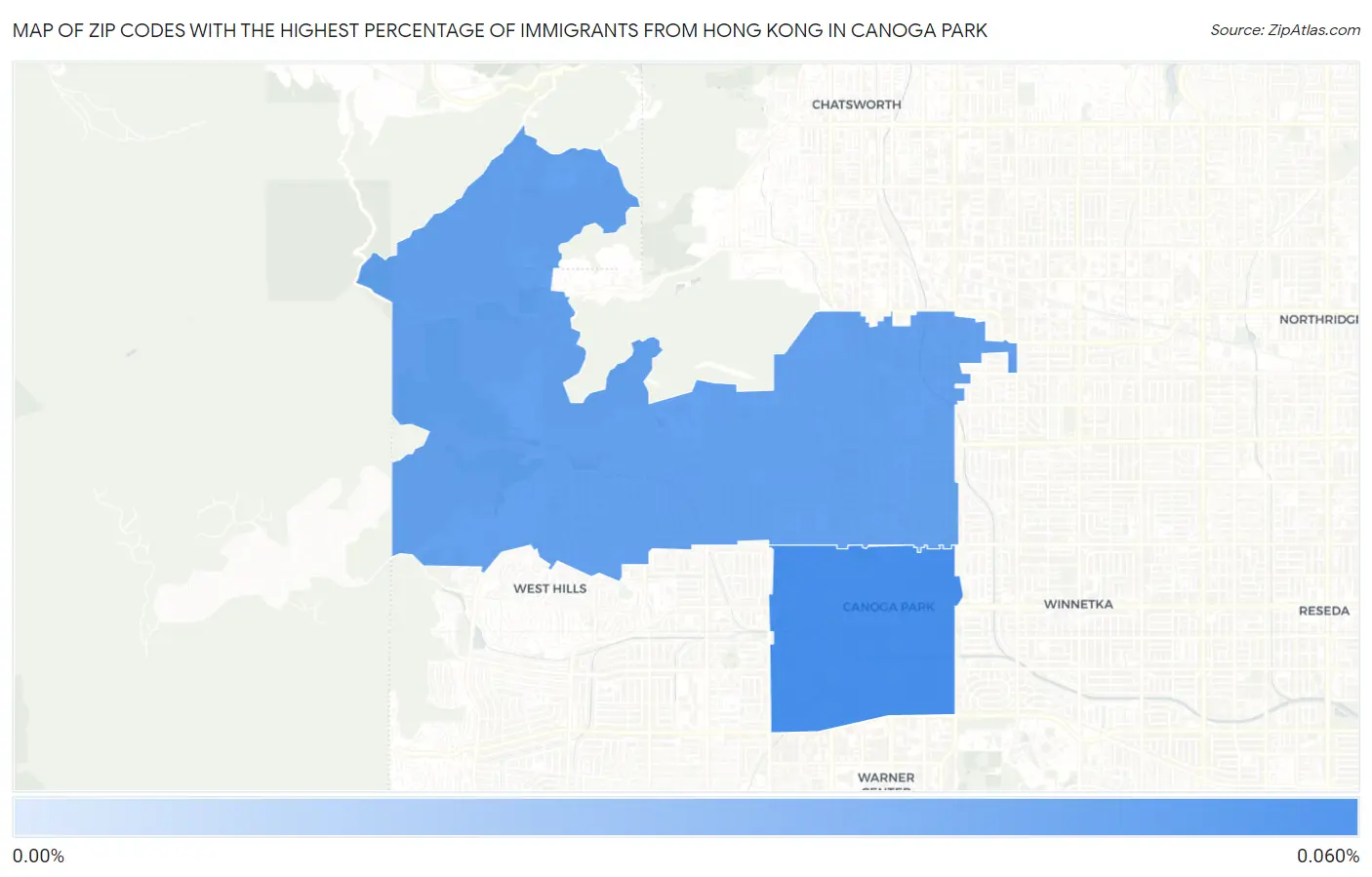 Zip Codes with the Highest Percentage of Immigrants from Hong Kong in Canoga Park Map