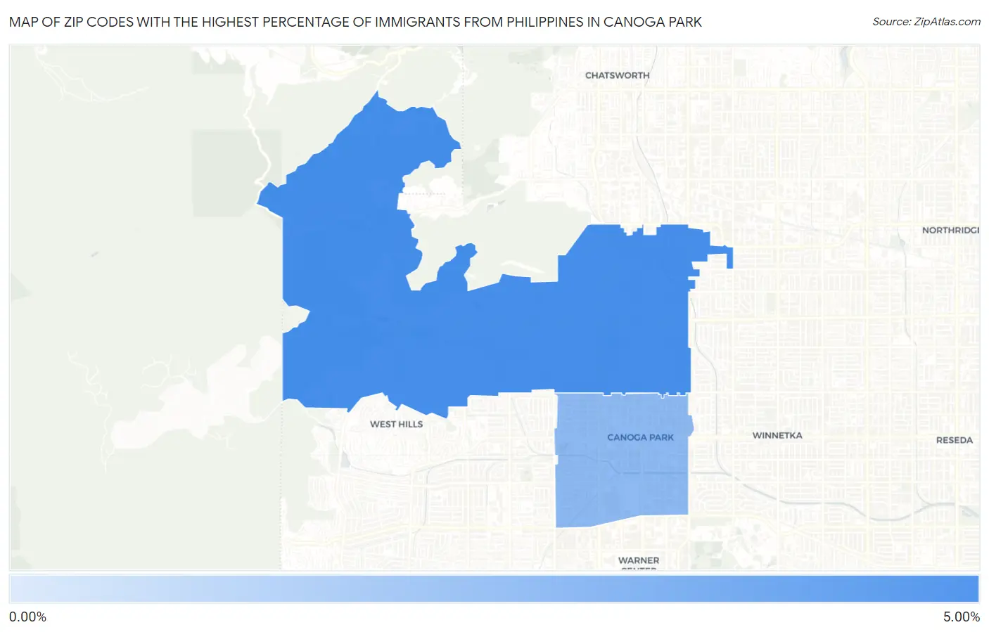 Zip Codes with the Highest Percentage of Immigrants from Philippines in Canoga Park Map