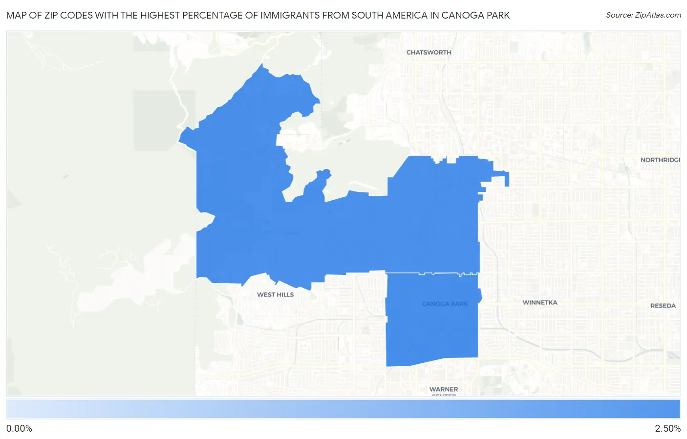 Zip Codes with the Highest Percentage of Immigrants from South America in Canoga Park Map