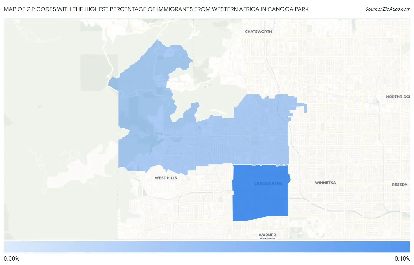 Zip Codes with the Highest Percentage of Immigrants from Western Africa in Canoga Park Map
