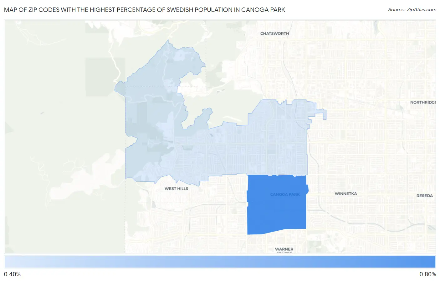 Zip Codes with the Highest Percentage of Swedish Population in Canoga Park Map