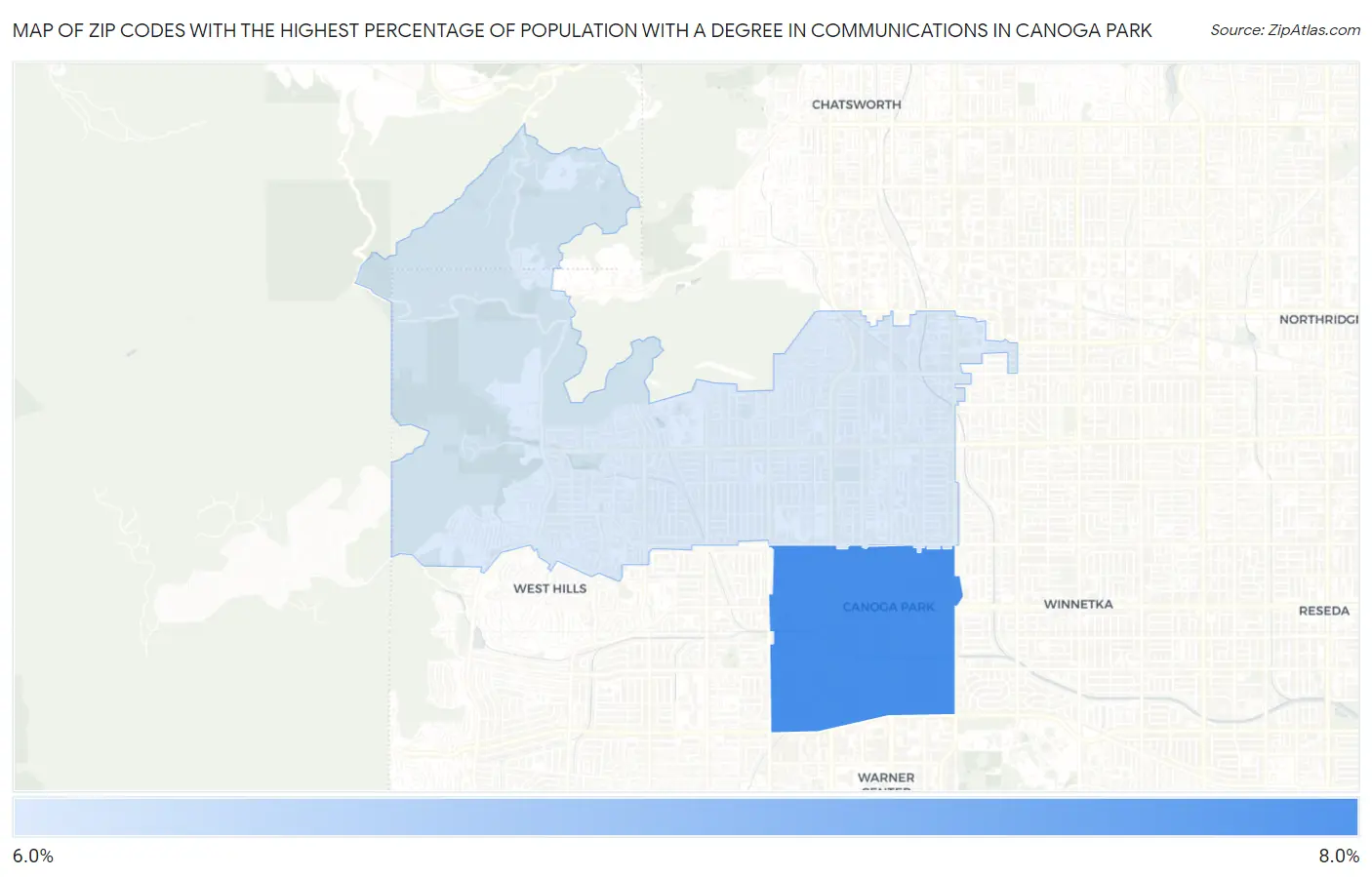 Zip Codes with the Highest Percentage of Population with a Degree in Communications in Canoga Park Map