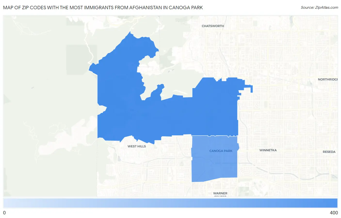 Zip Codes with the Most Immigrants from Afghanistan in Canoga Park Map