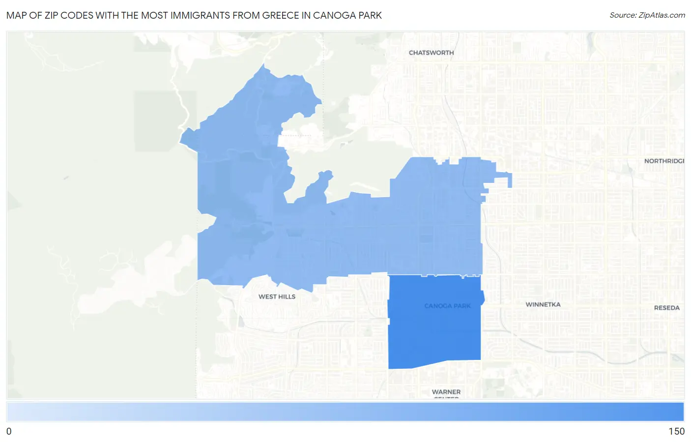 Zip Codes with the Most Immigrants from Greece in Canoga Park Map