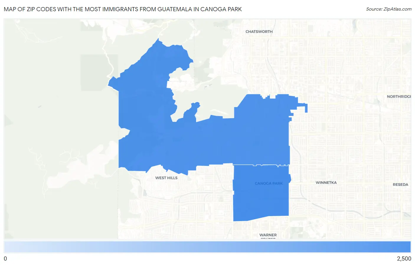 Zip Codes with the Most Immigrants from Guatemala in Canoga Park Map