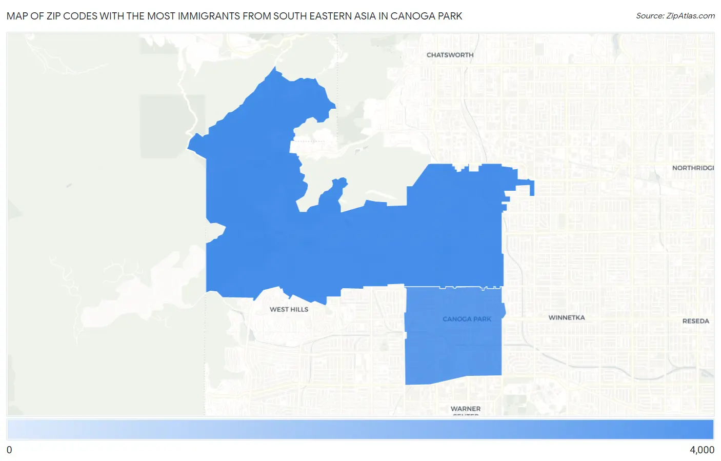 Zip Codes with the Most Immigrants from South Eastern Asia in Canoga Park Map
