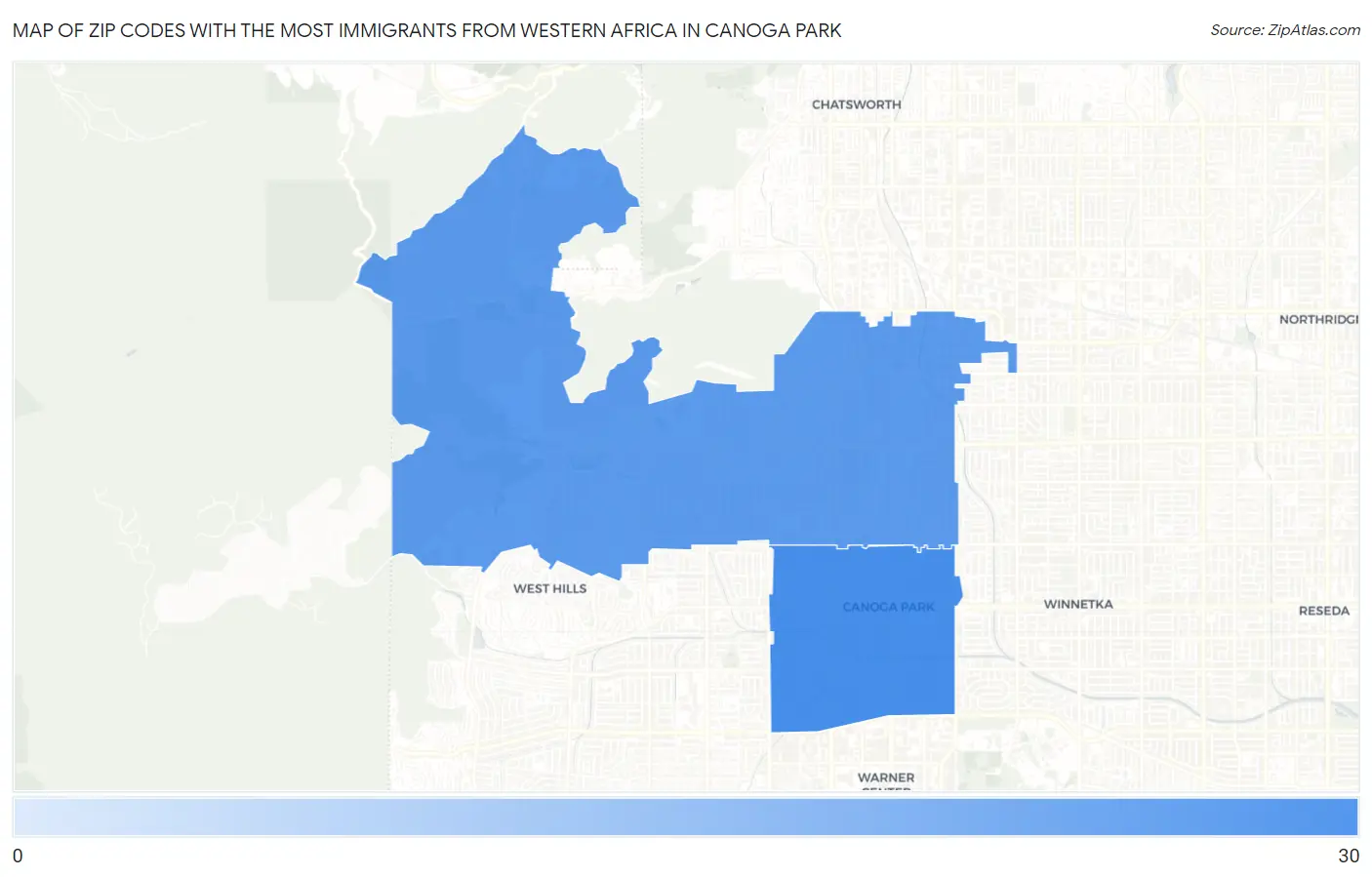 Zip Codes with the Most Immigrants from Western Africa in Canoga Park Map