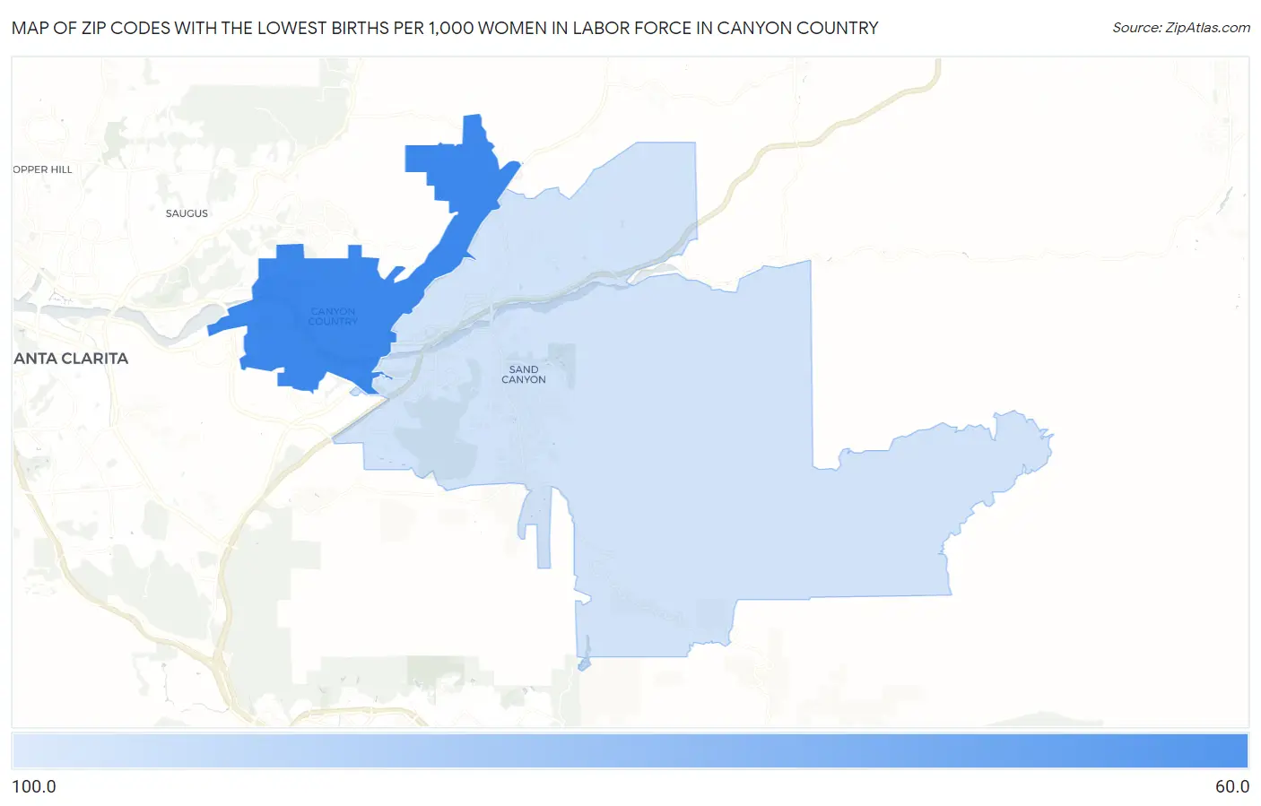 Zip Codes with the Lowest Births per 1,000 Women in Labor Force in Canyon Country Map