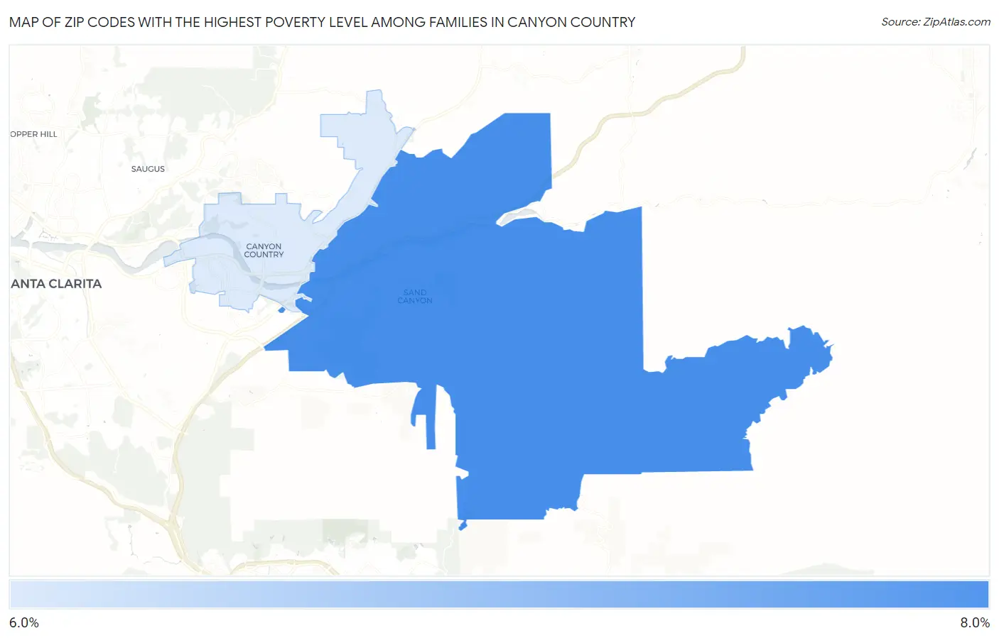 Zip Codes with the Highest Poverty Level Among Families in Canyon Country Map