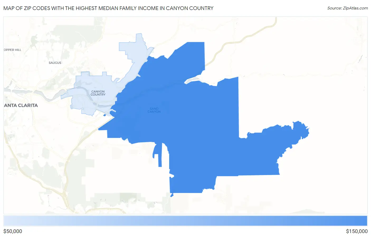 Zip Codes with the Highest Median Family Income in Canyon Country Map