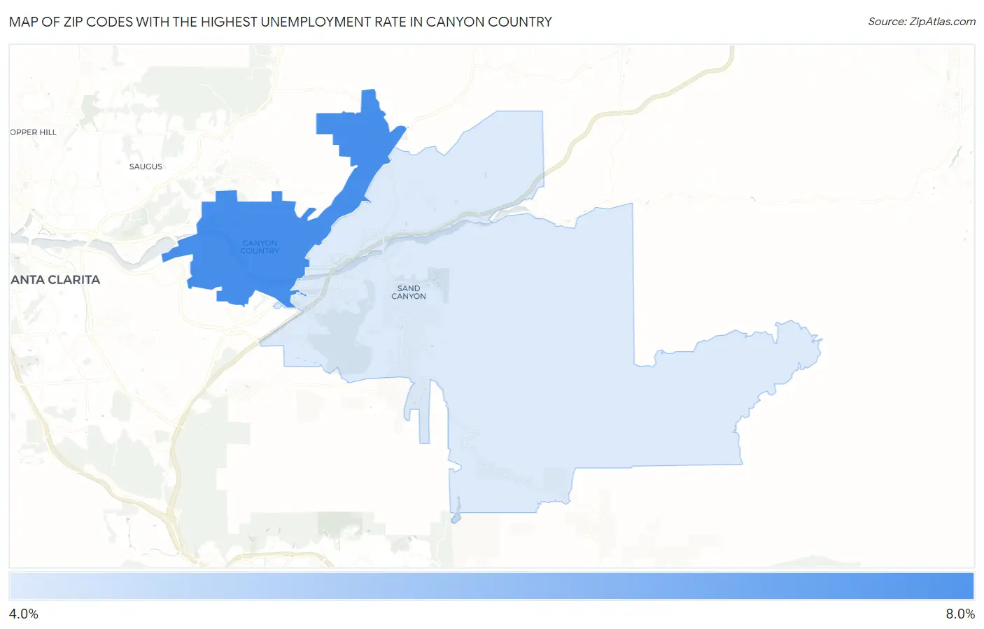 Zip Codes with the Highest Unemployment Rate in Canyon Country Map