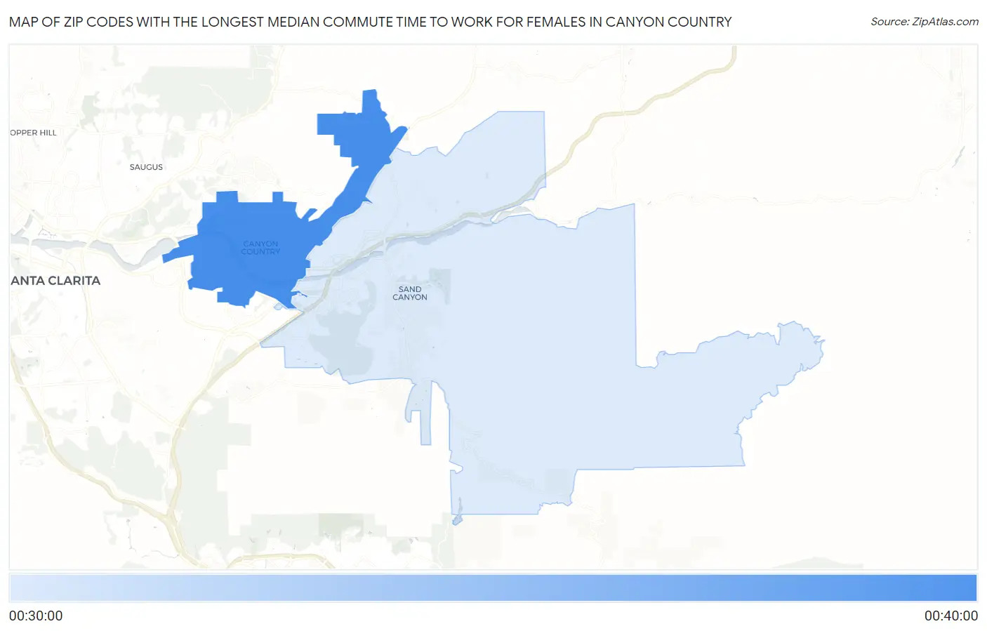 Zip Codes with the Longest Median Commute Time to Work for Females in Canyon Country Map